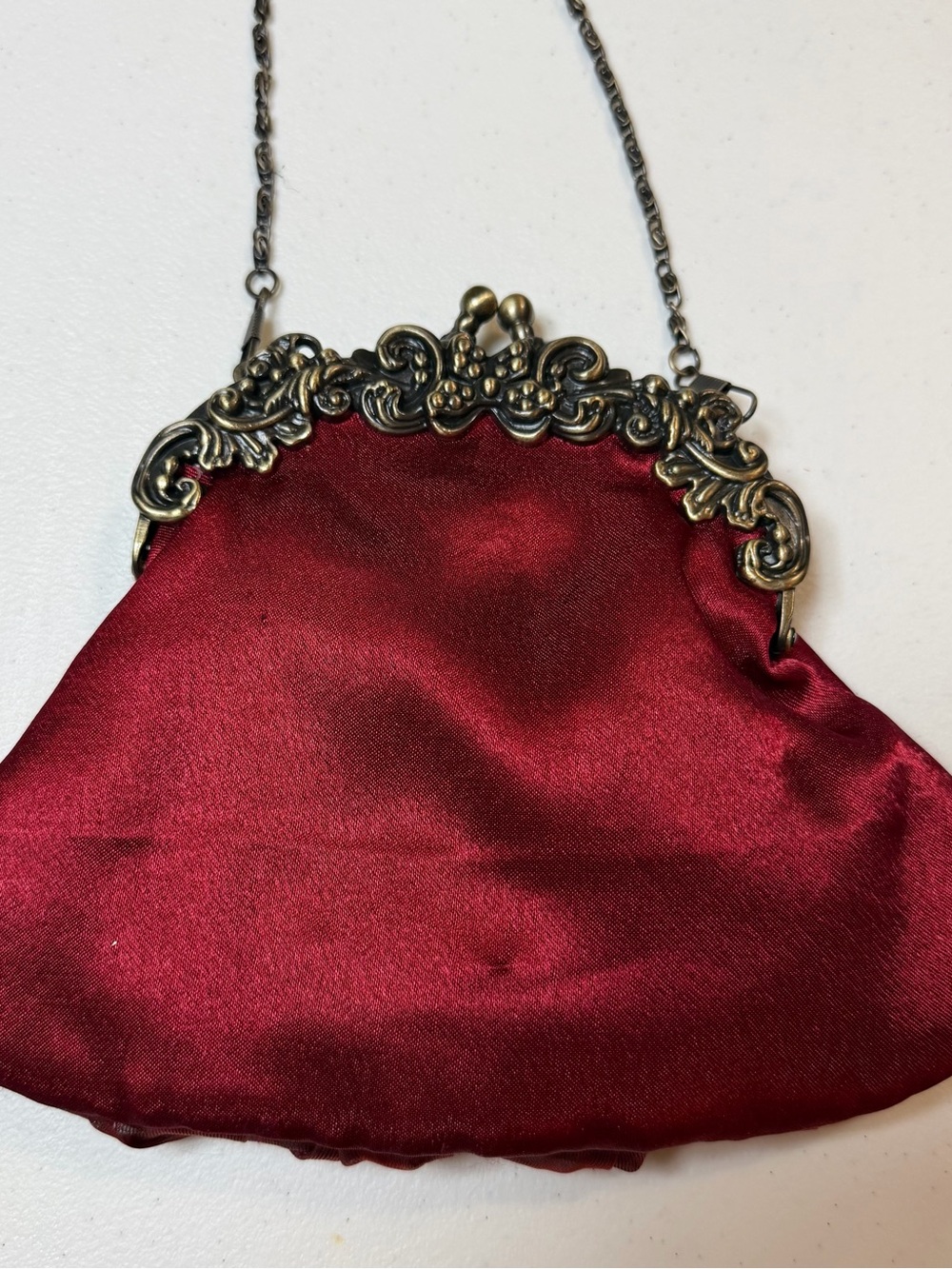 Red Satin Evening Clutch Bag with Ornate Silver Frame - Picture 5 of 6